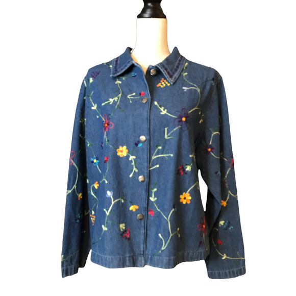 Parisian Works Jean Jacket with Floral Embroidered Flowers, Size Large - Picture 1 of 5